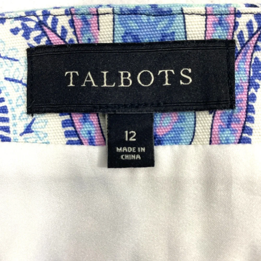 Talbots A Line Skirt Womens Size‎ 12 Blue Pink Artsy Print Cotton Blend Office